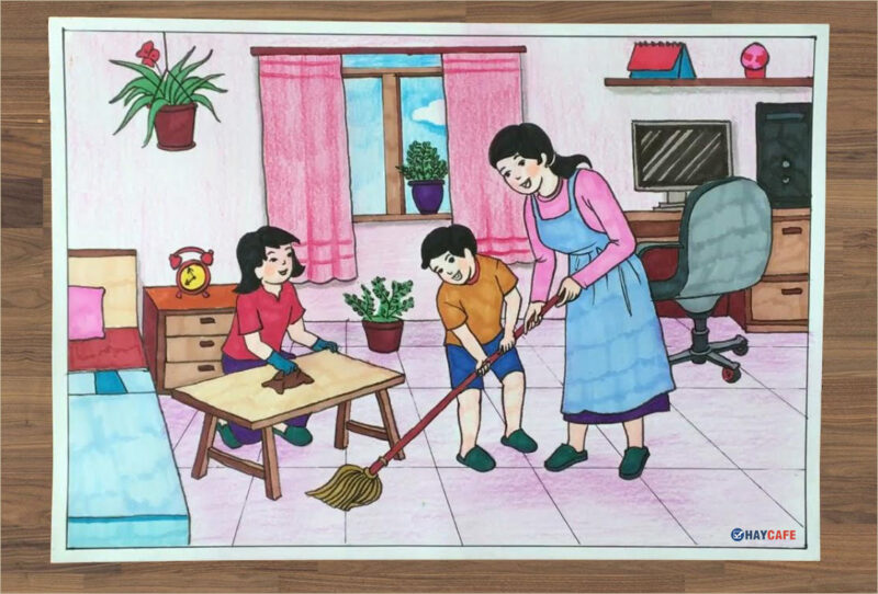 Vẽ tranh cuộc sống quanh em lớp 7 đơn giản, ngôi nhà trong tranh