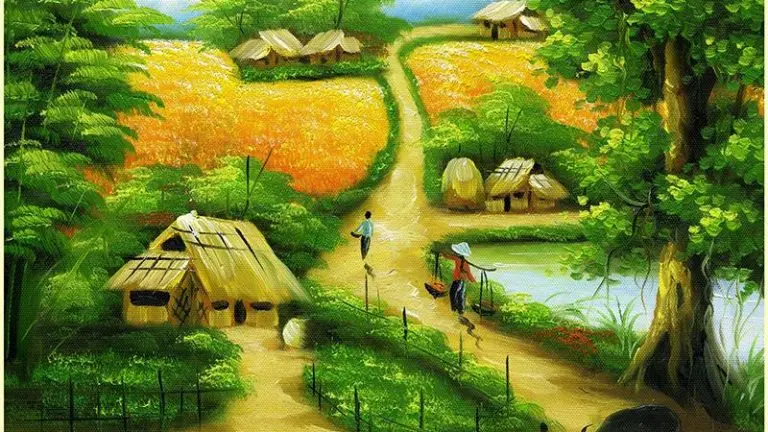 Tranh vẽ phong cảnh làng quê Việt Nam AmiA 605 dắt trâu về làng  500 mẫu  tranh treo phòng khách đẹp sang trọng  hiện đại
